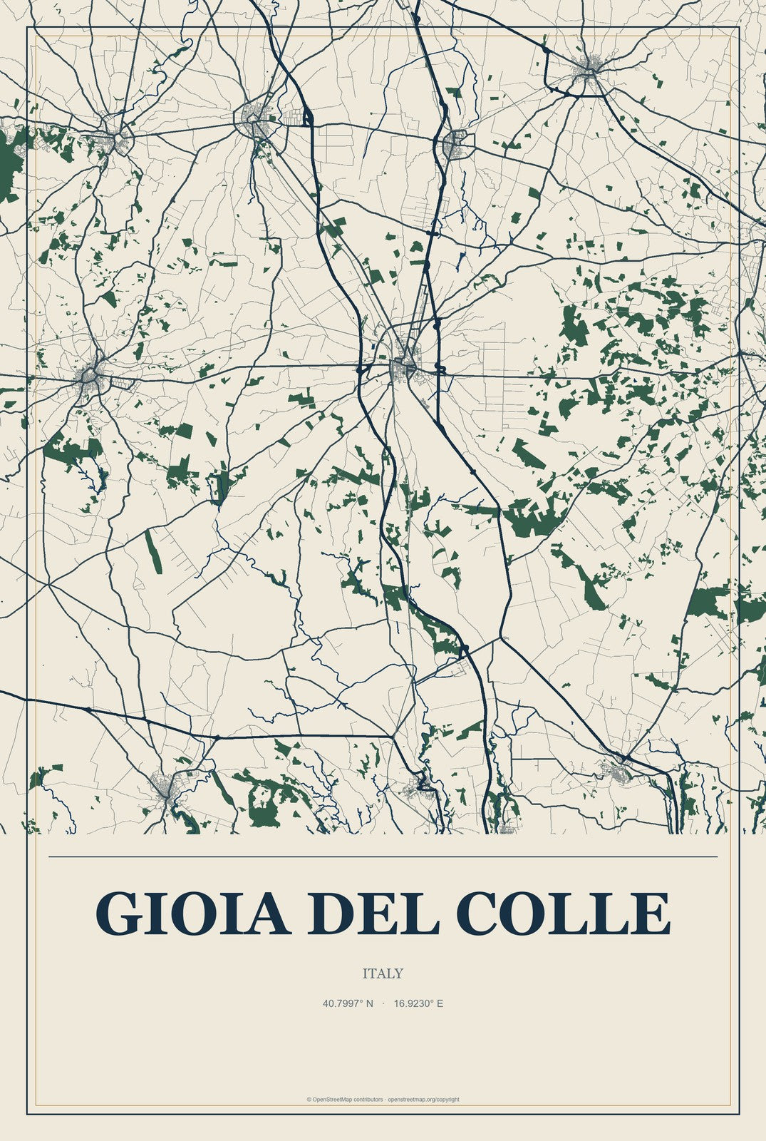 Gioia del Colle, Italy City Map Aluminum Sign in Coastal Cutout style