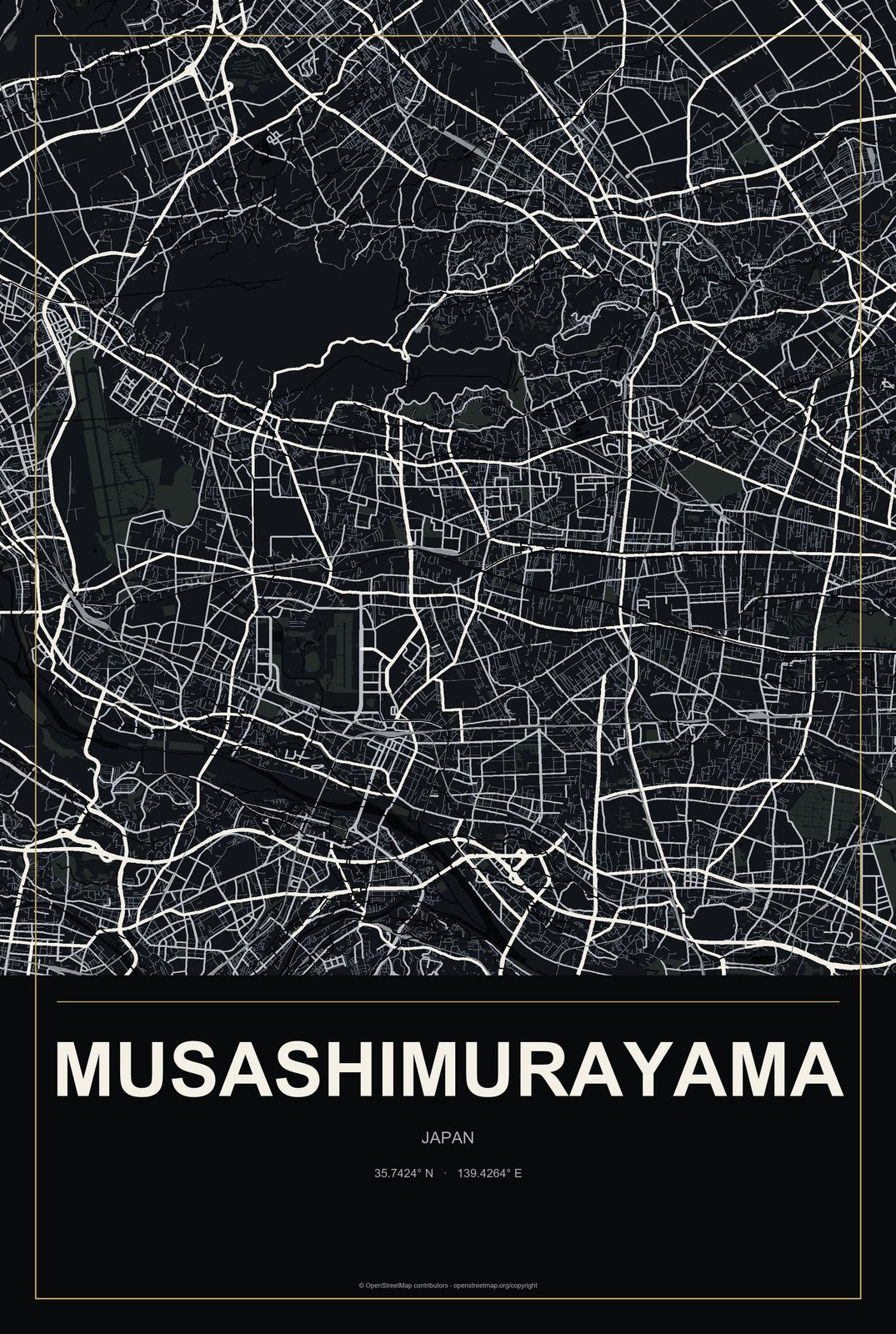 Musashimurayama, Japan City Map Aluminum Sign in Metropolitan Noir style
