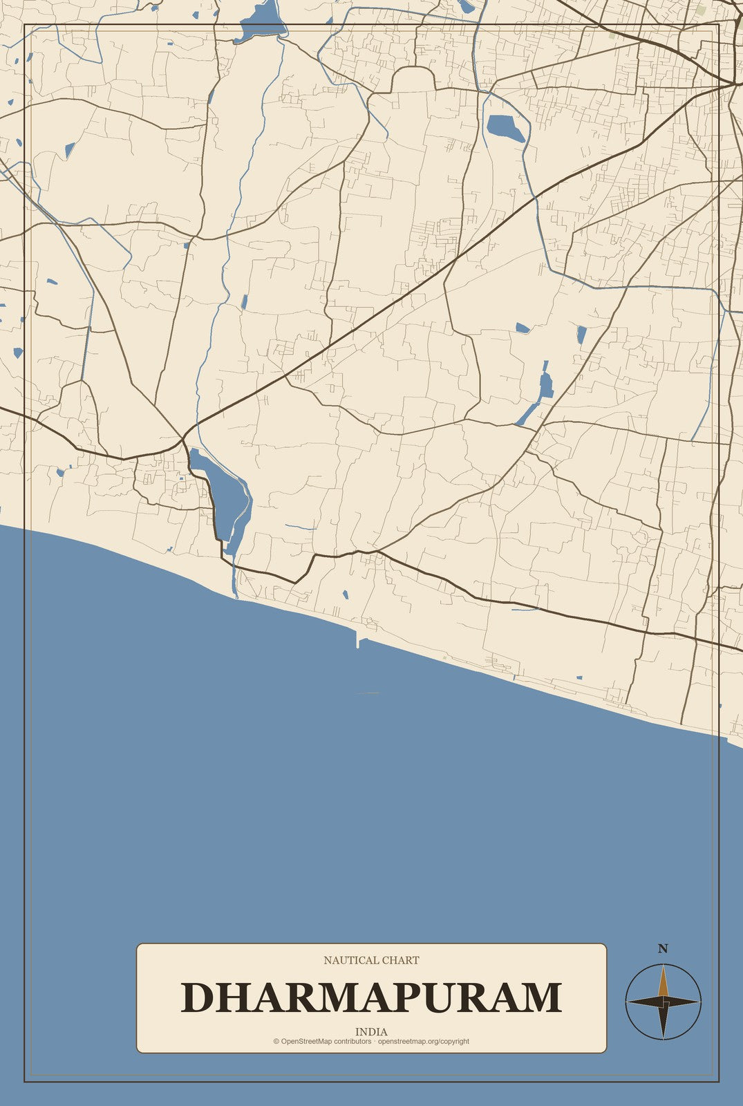 Dharmapuram, India City Map Aluminum Sign in Heritage Nautical style