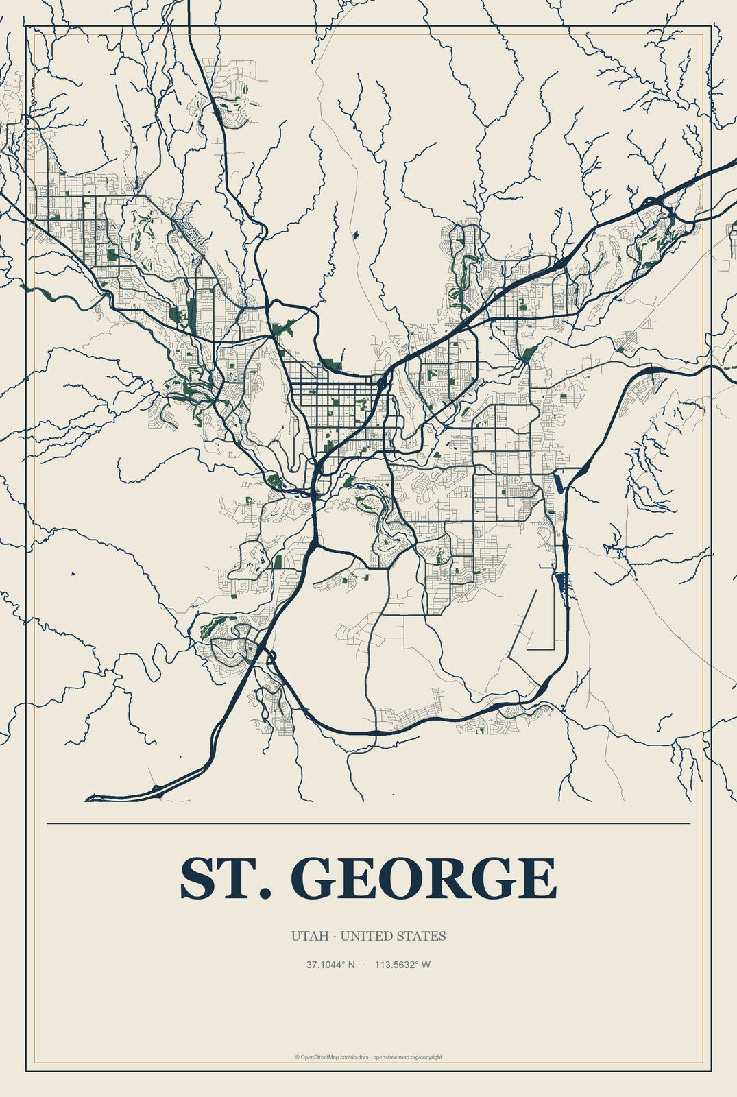 St. George, Utah City Map Aluminum Sign in Coastal Cutout style