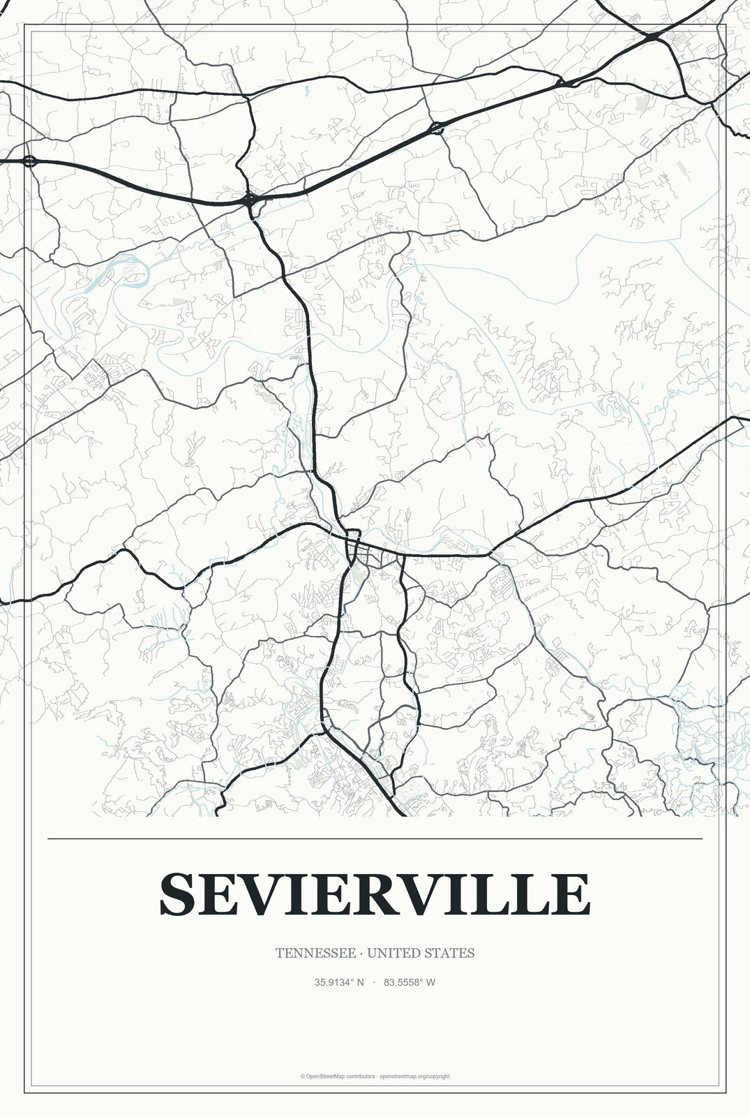 Sevierville, Tennessee City Map Aluminum Sign in Gallery Air style