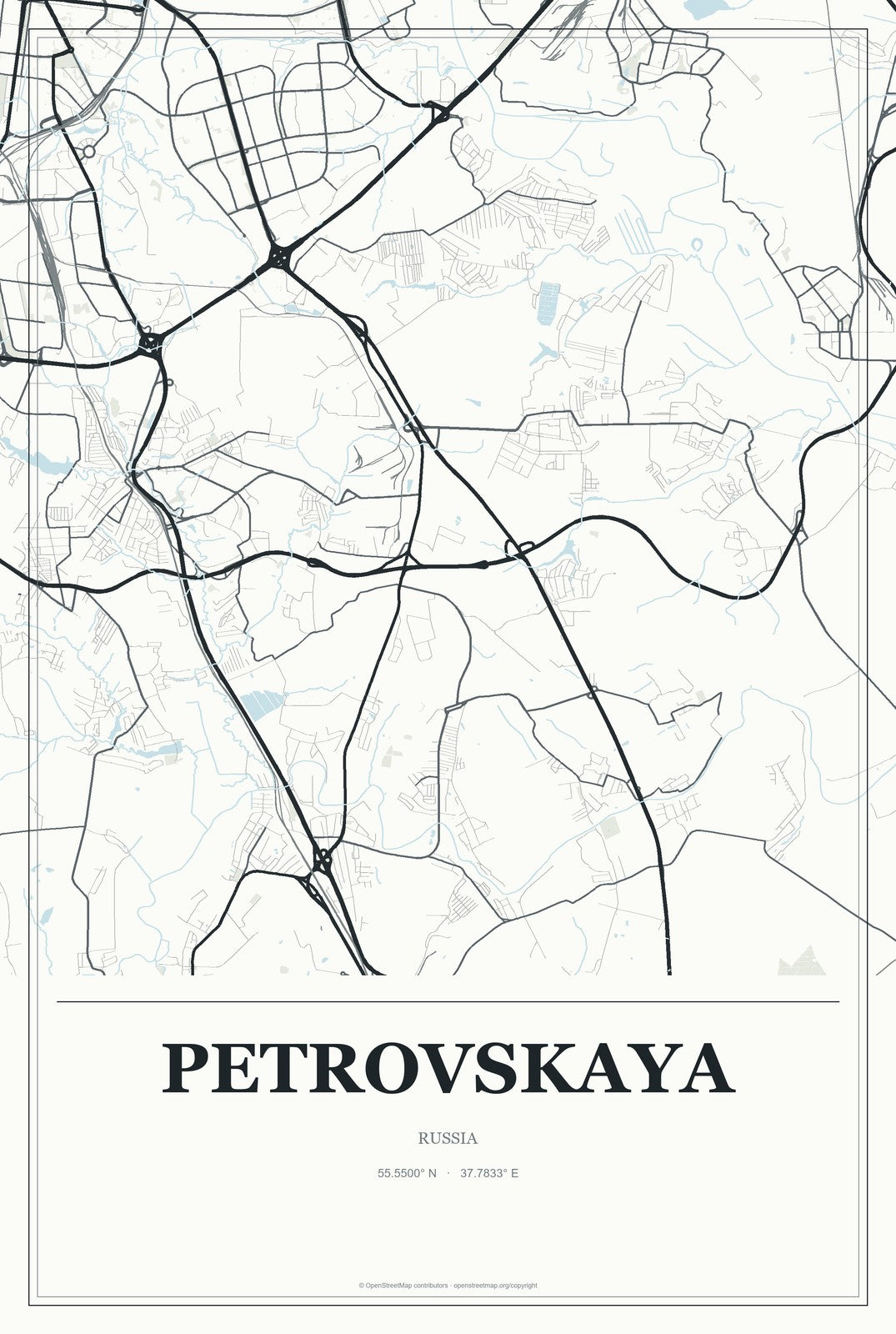 Petrovskaya, Moscow Oblast, Russia City Map Aluminum Sign in Gallery Air style