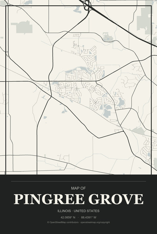 Pingree Grove, Illinois City Map Aluminum Sign in Museum Plaque style