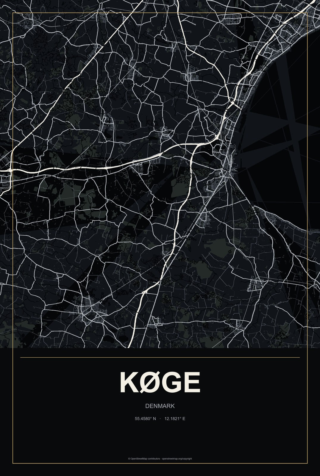 Køge, Denmark City Map Aluminum Sign in Metropolitan Noir style