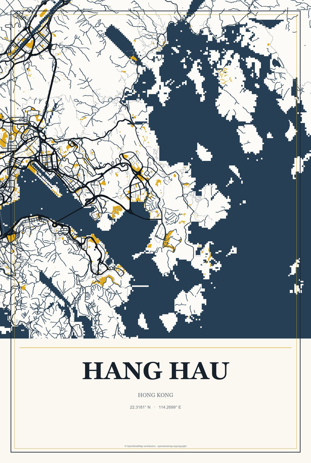 Hang Hau, Hong Kong City Map Aluminum Sign in Citrine Modern style