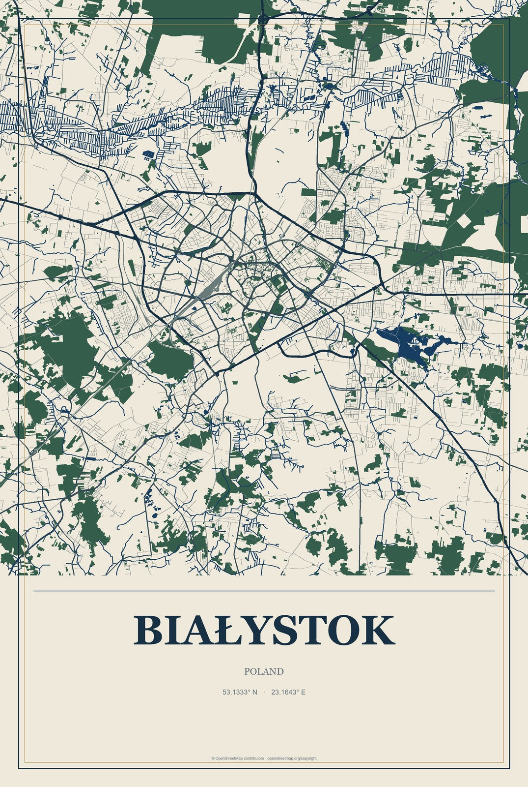 Białystok, Poland City Map Aluminum Sign in Coastal Cutout style