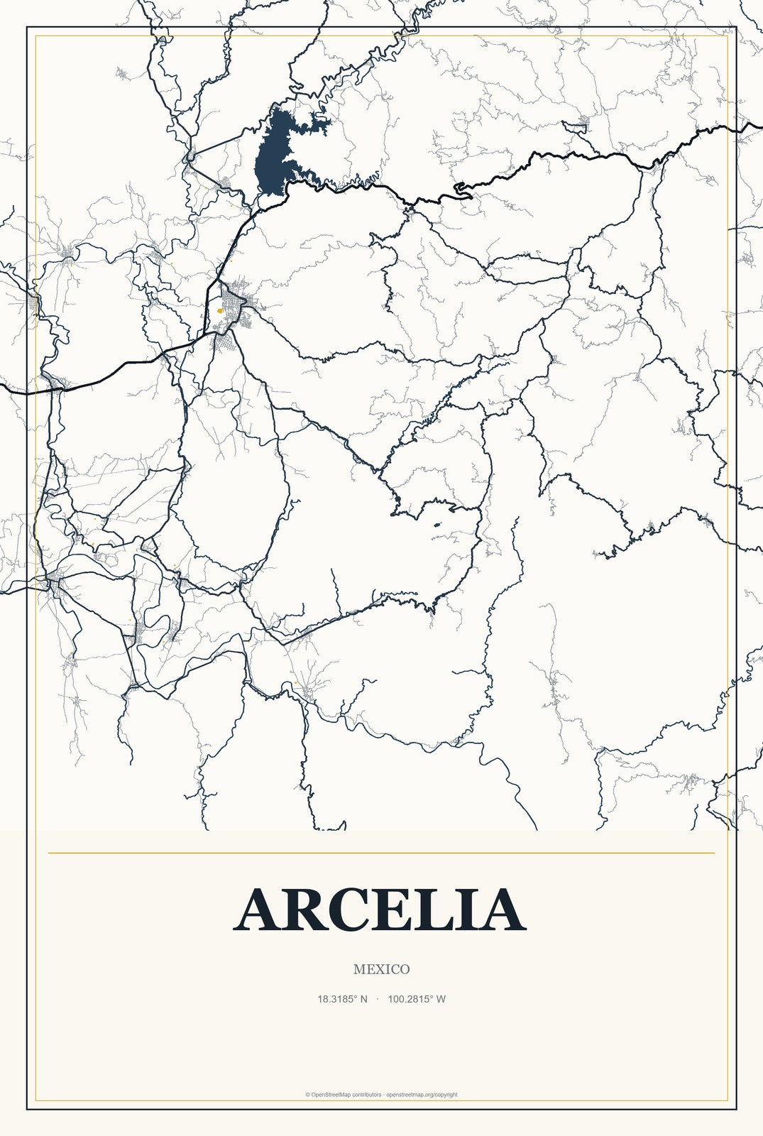 Arcelia, Mexico City Map Aluminum Sign in Citrine Modern style