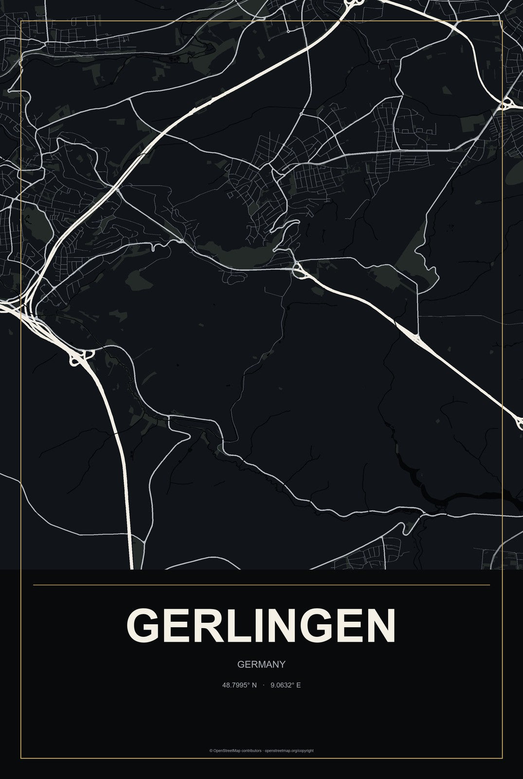 Gerlingen, Germany City Map Aluminum Sign in Metropolitan Noir style