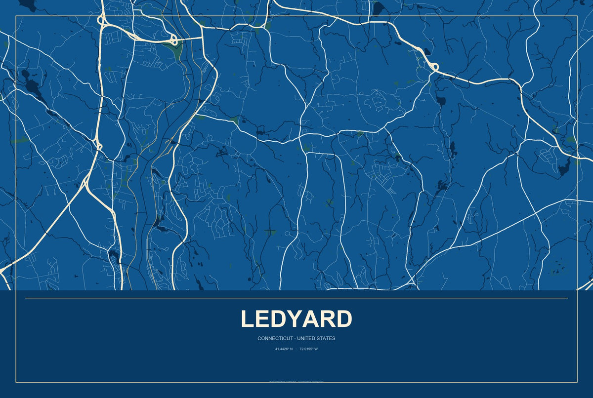 Ledyard, Connecticut City Map Aluminum Sign in Harbor Cobalt style