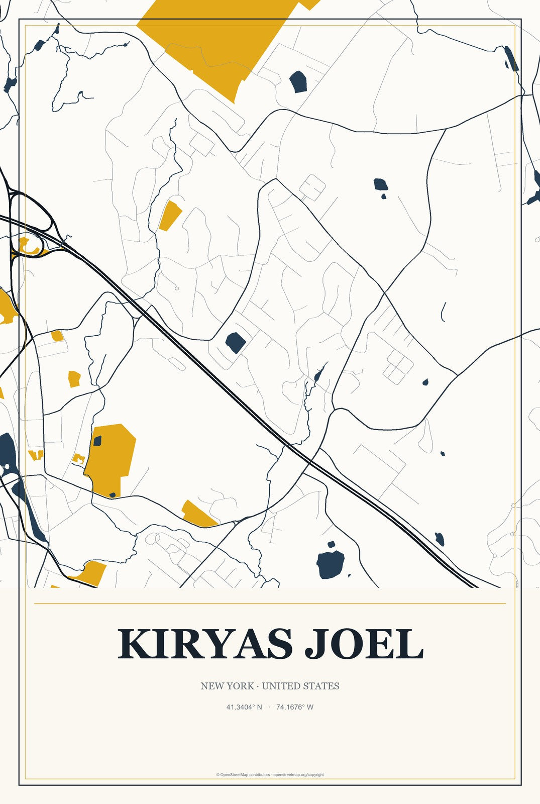 Kiryas Joel, New York City Map Aluminum Sign in Citrine Modern style
