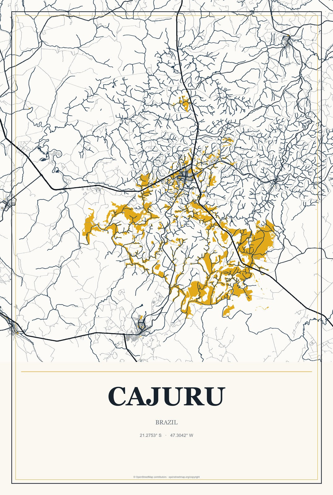 Cajuru, Brazil City Map Aluminum Sign in Citrine Modern style