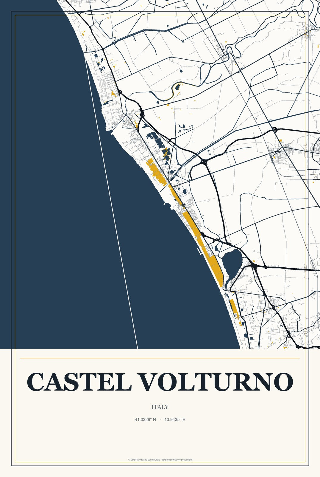 Castel Volturno, Italy City Map Aluminum Sign in Citrine Modern style