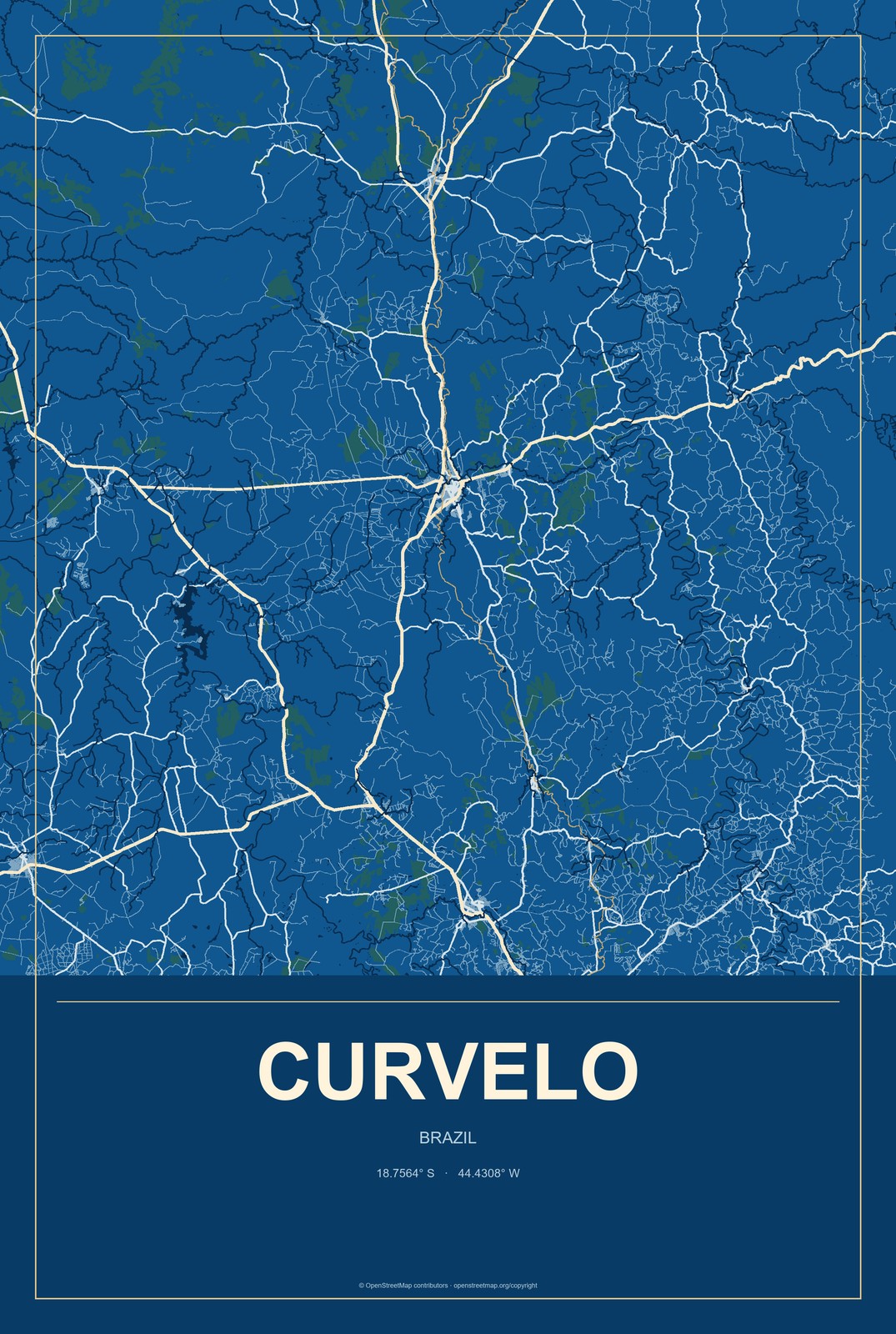 Curvelo, Brazil City Map Aluminum Sign in Harbor Cobalt style