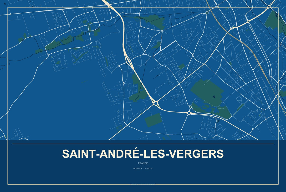 Saint-André-les-Vergers, France City Map Aluminum Sign in Harbor Cobalt style