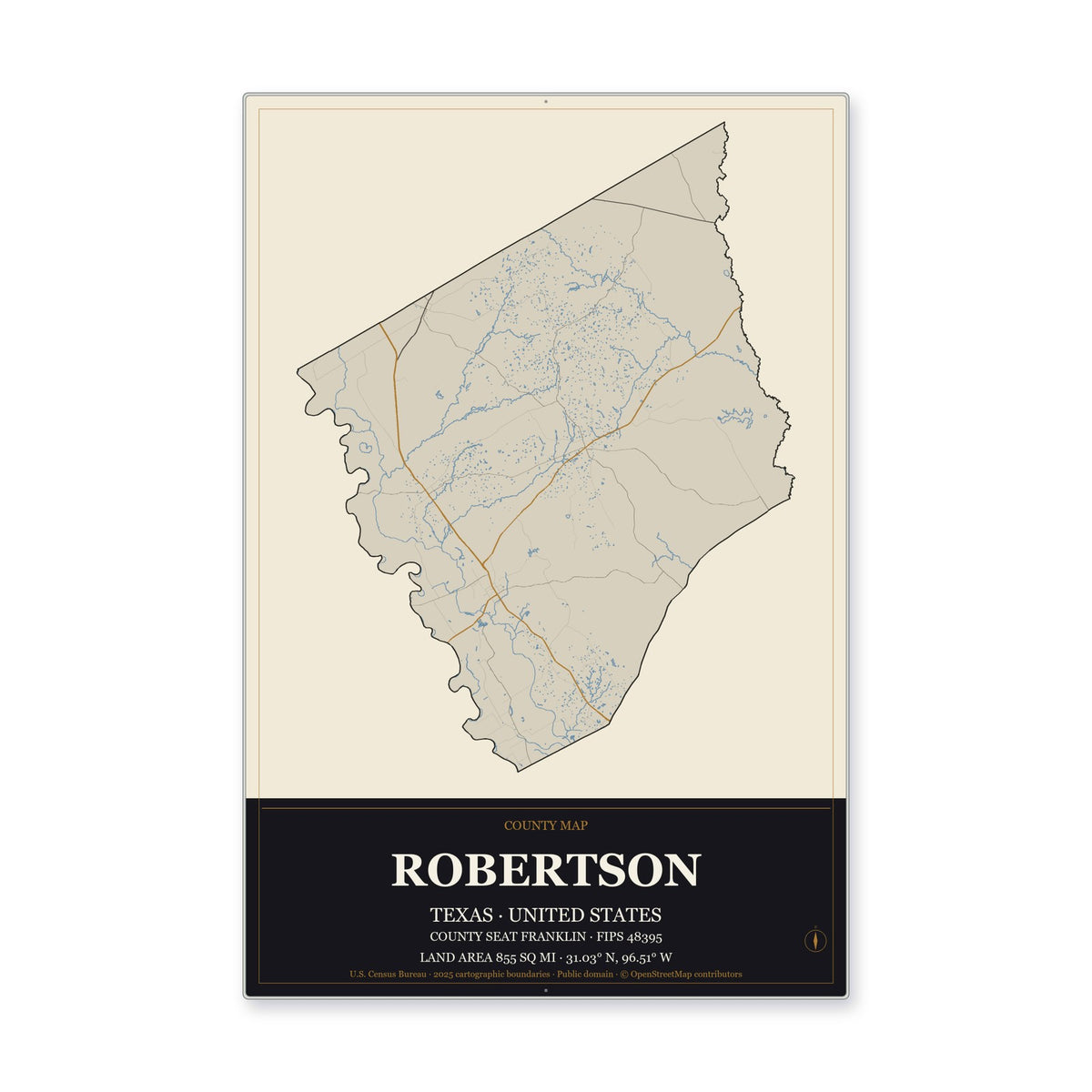 Robertson County, Texas Map Aluminum Sign in Museum Plaque style