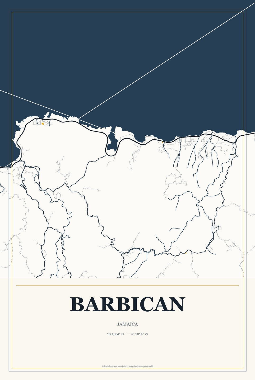Barbican, Jamaica City Map Aluminum Sign in Citrine Modern style