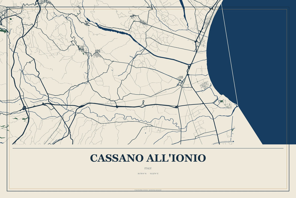Cassano All'Ionio, Italy City Map Aluminum Sign in Coastal Cutout style