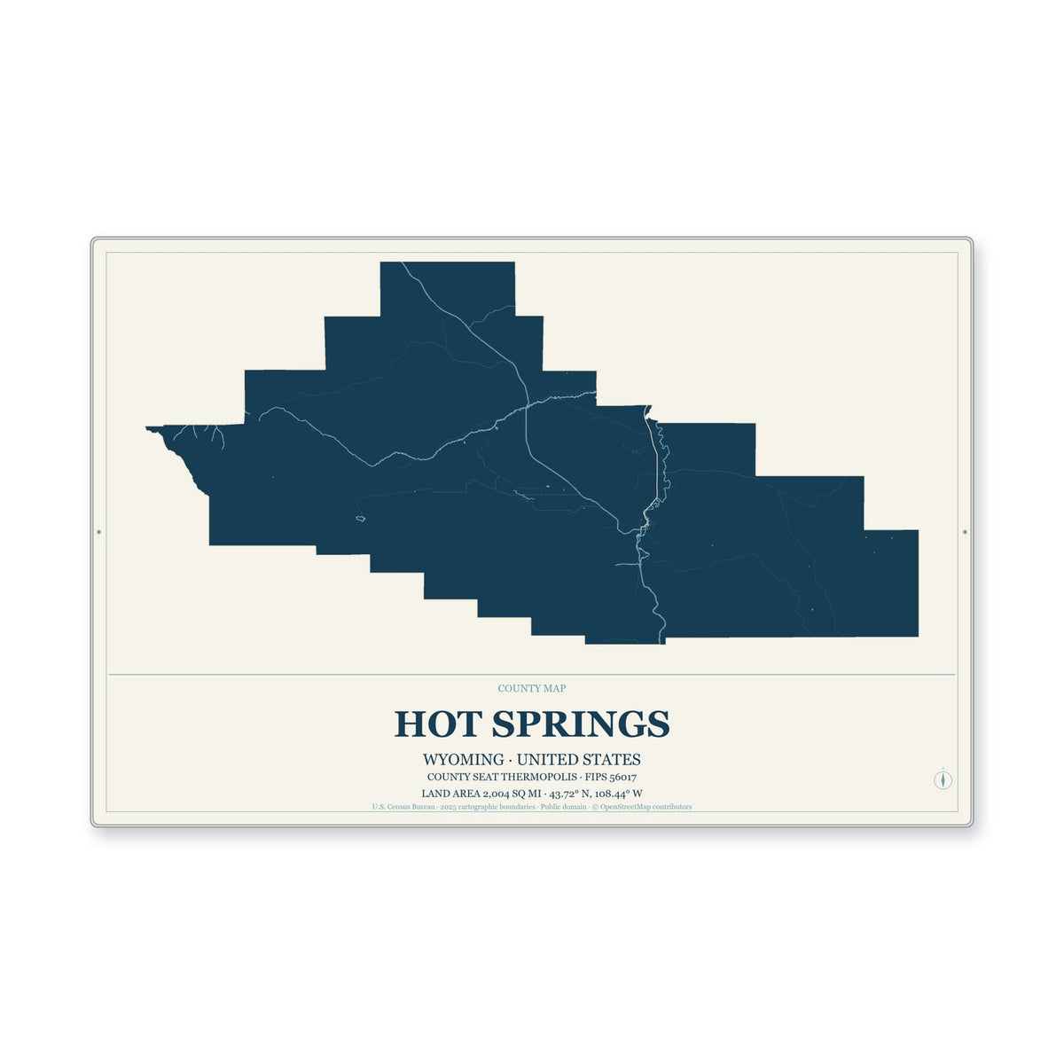Hot Springs County, Wyoming Map Aluminum Sign in Coastal Cutout style