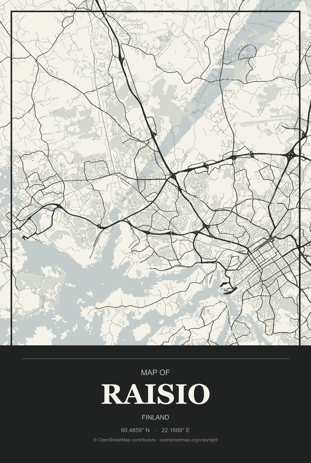 Raisio, Finland City Map Aluminum Sign in Museum Plaque style