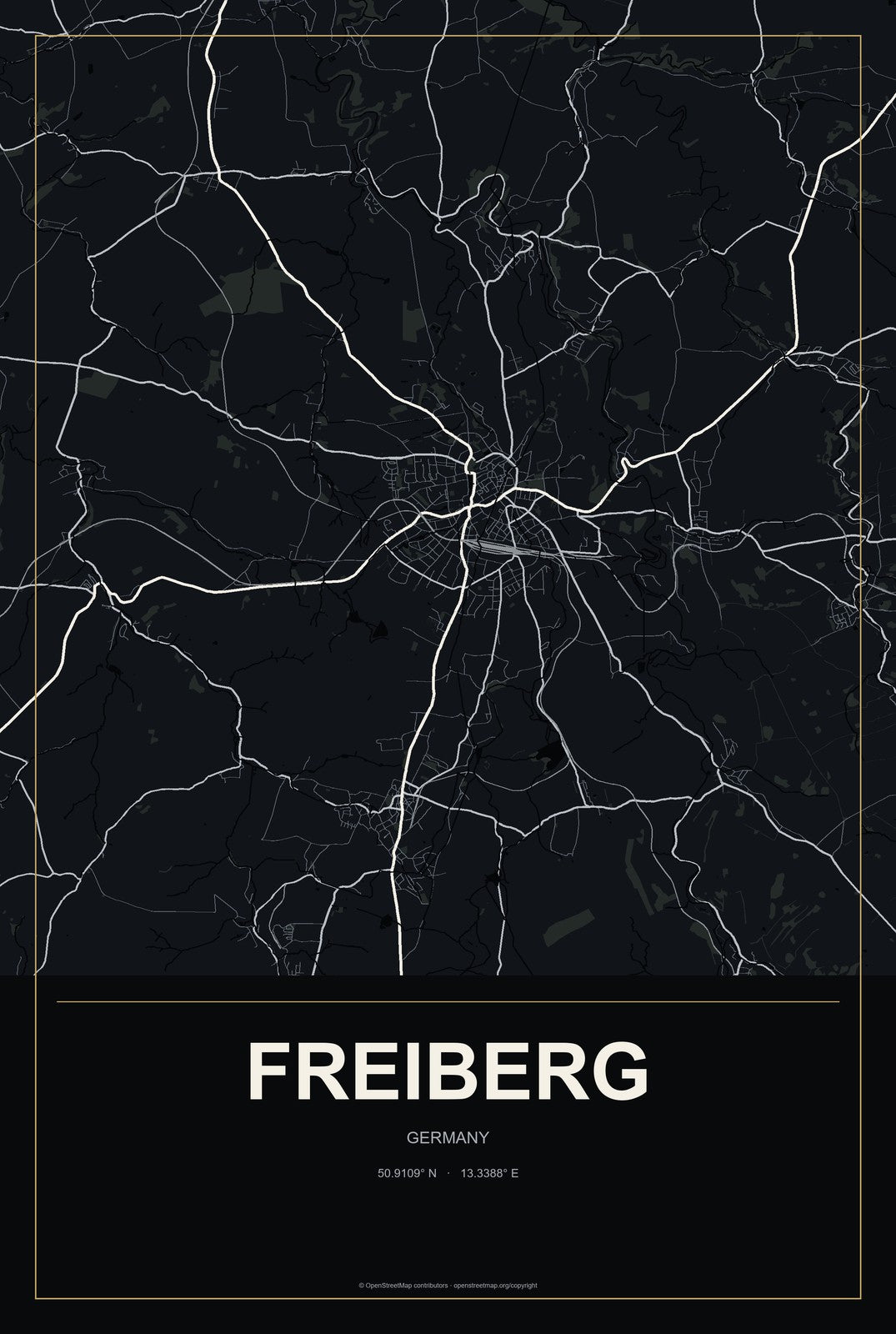 Freiberg, Germany City Map Aluminum Sign in Metropolitan Noir style