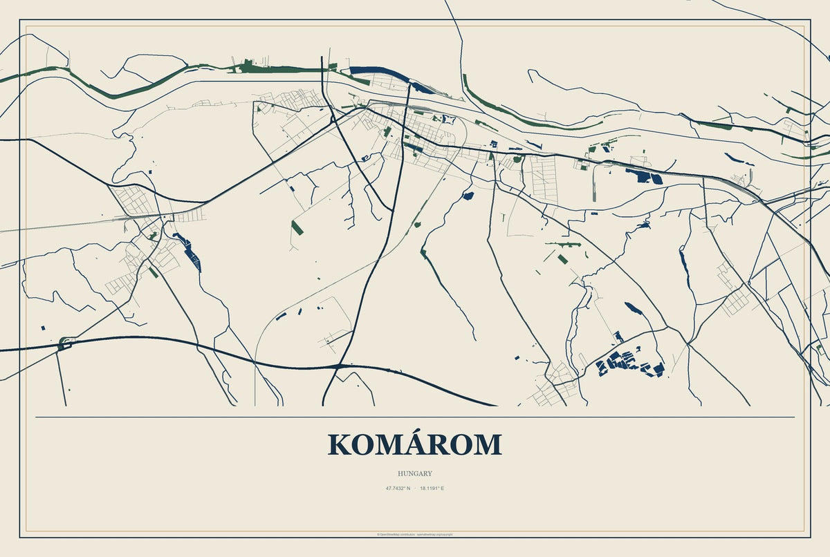 Komárom, Hungary City Map Aluminum Sign in Coastal Cutout style