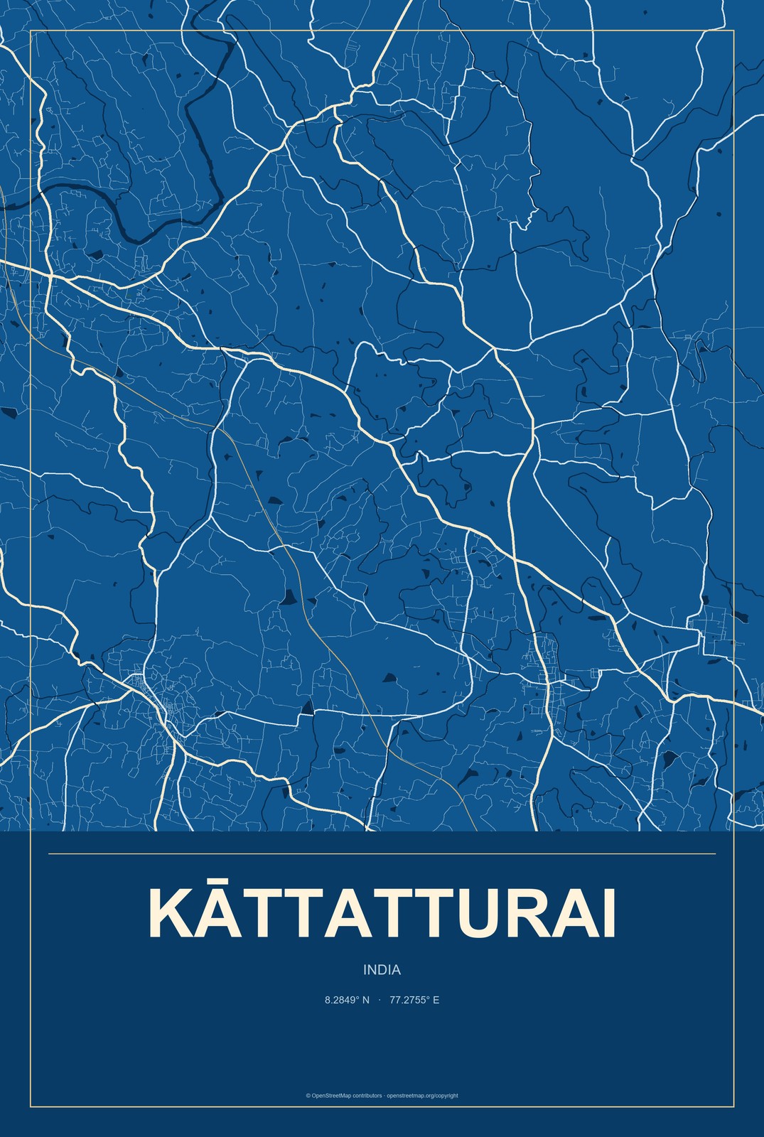 Kāttatturai, India City Map Aluminum Sign in Harbor Cobalt style