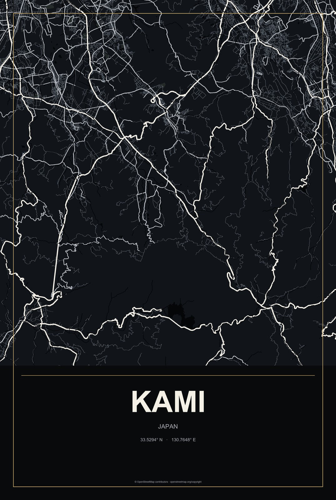 Kami, Japan City Map Aluminum Sign in Metropolitan Noir style