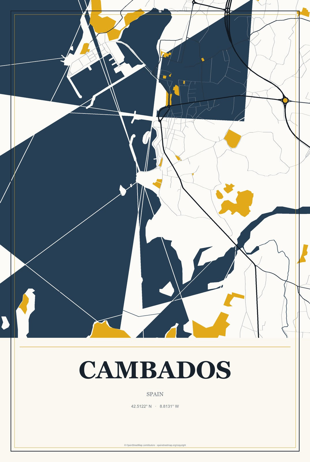 Cambados, Spain City Map Aluminum Sign in Citrine Modern style