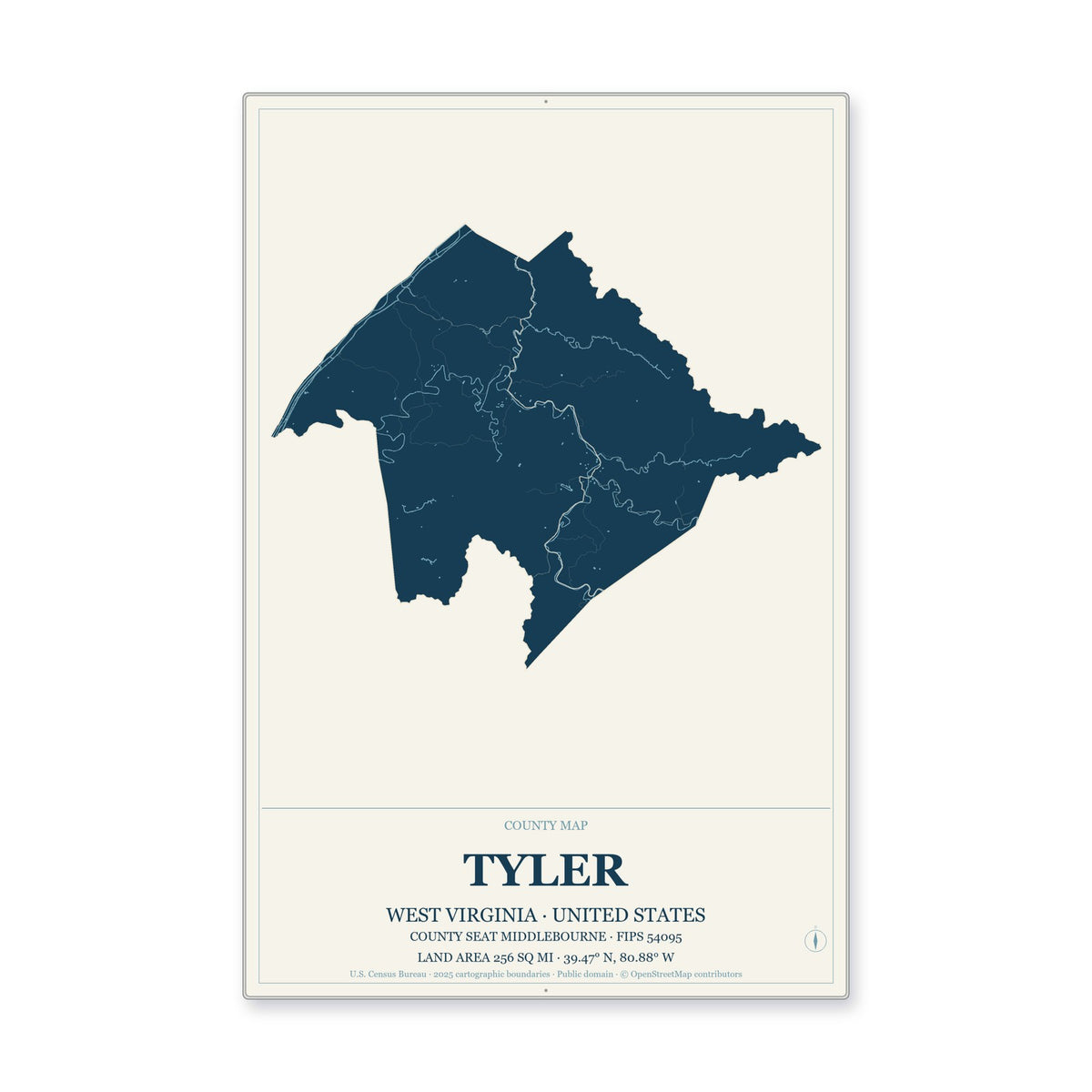 Tyler County, West Virginia Map Aluminum Sign in Coastal Cutout style