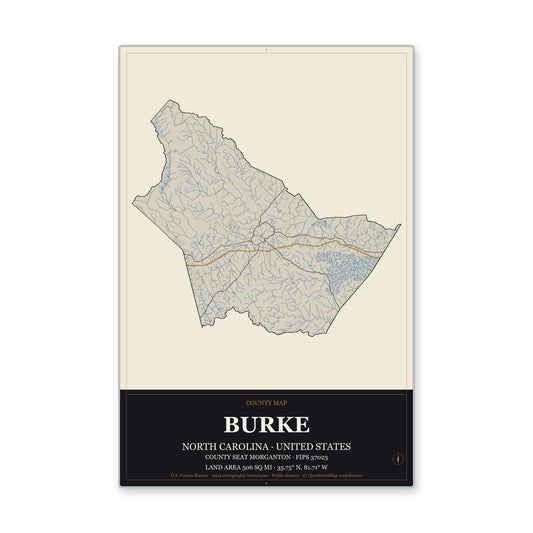 Burke County, North Carolina Map Aluminum Sign in Museum Plaque style