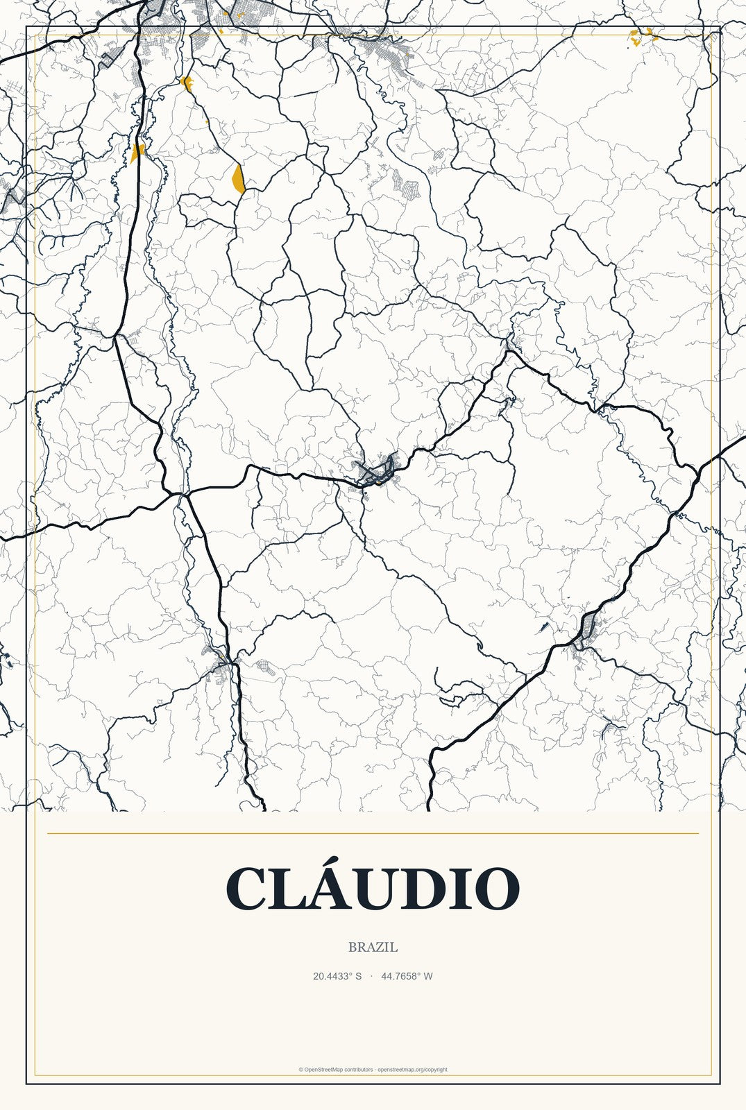 Cláudio, Brazil City Map Aluminum Sign in Citrine Modern style