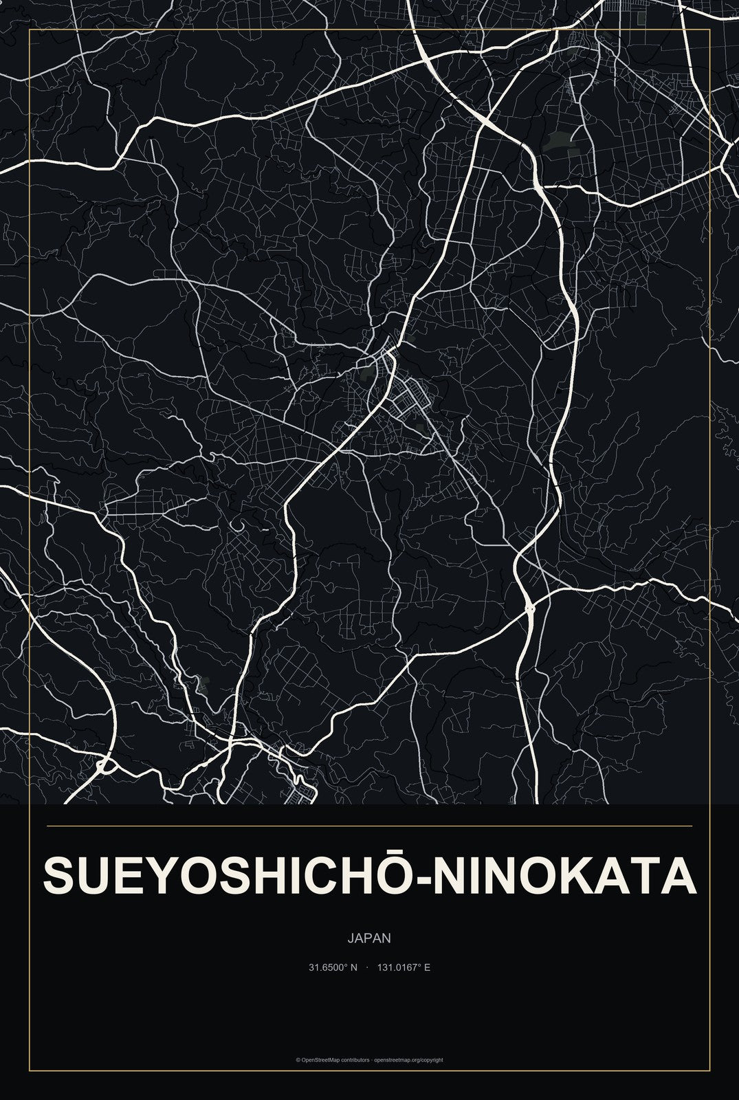 Sueyoshichō-ninokata, Japan City Map Aluminum Sign in Metropolitan Noir style