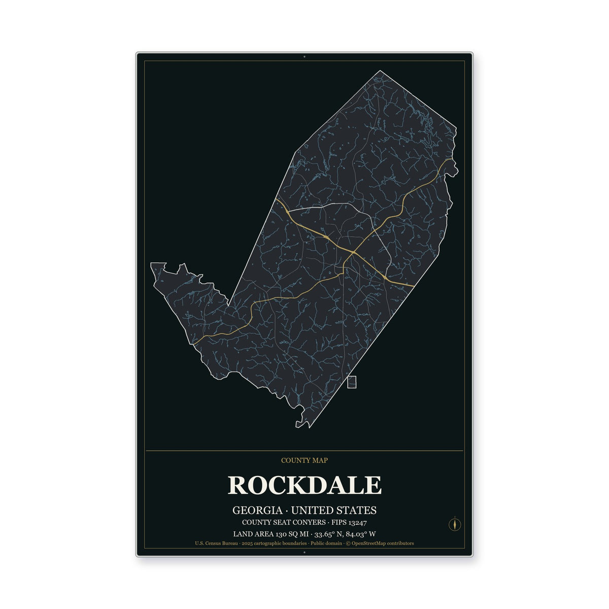 Rockdale County, Georgia Map Aluminum Sign in Metropolitan Noir style