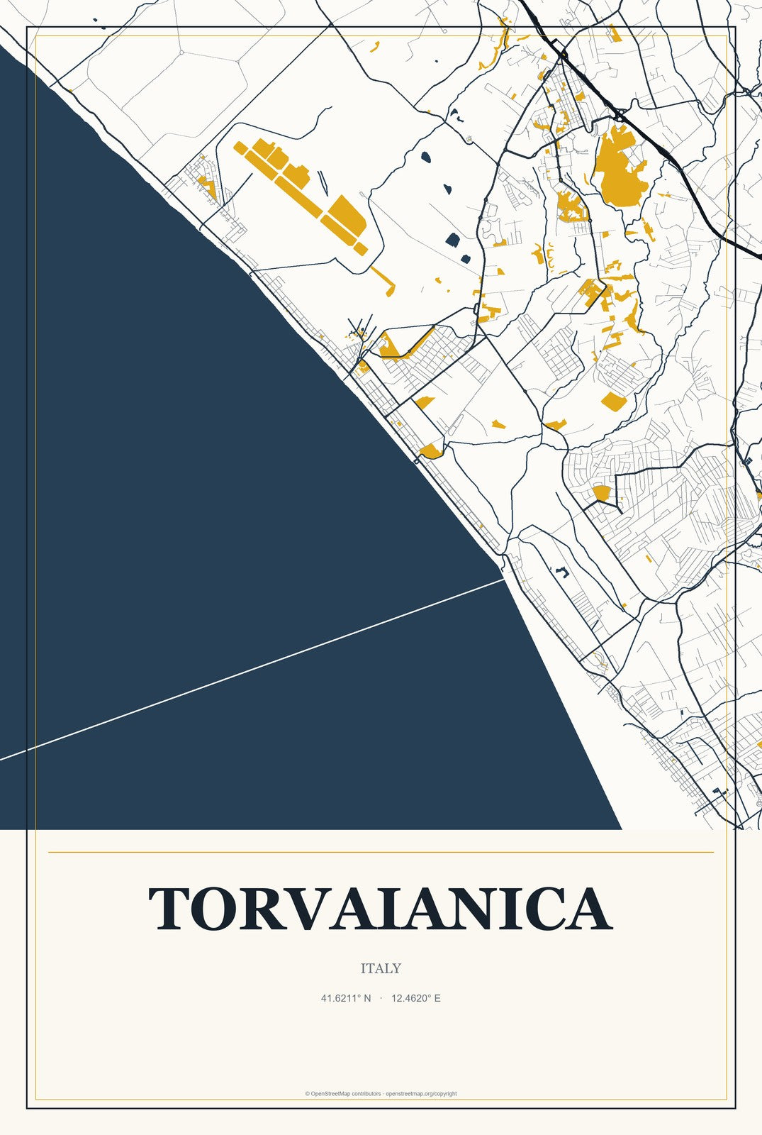 Torvaianica, Italy City Map Aluminum Sign in Citrine Modern style