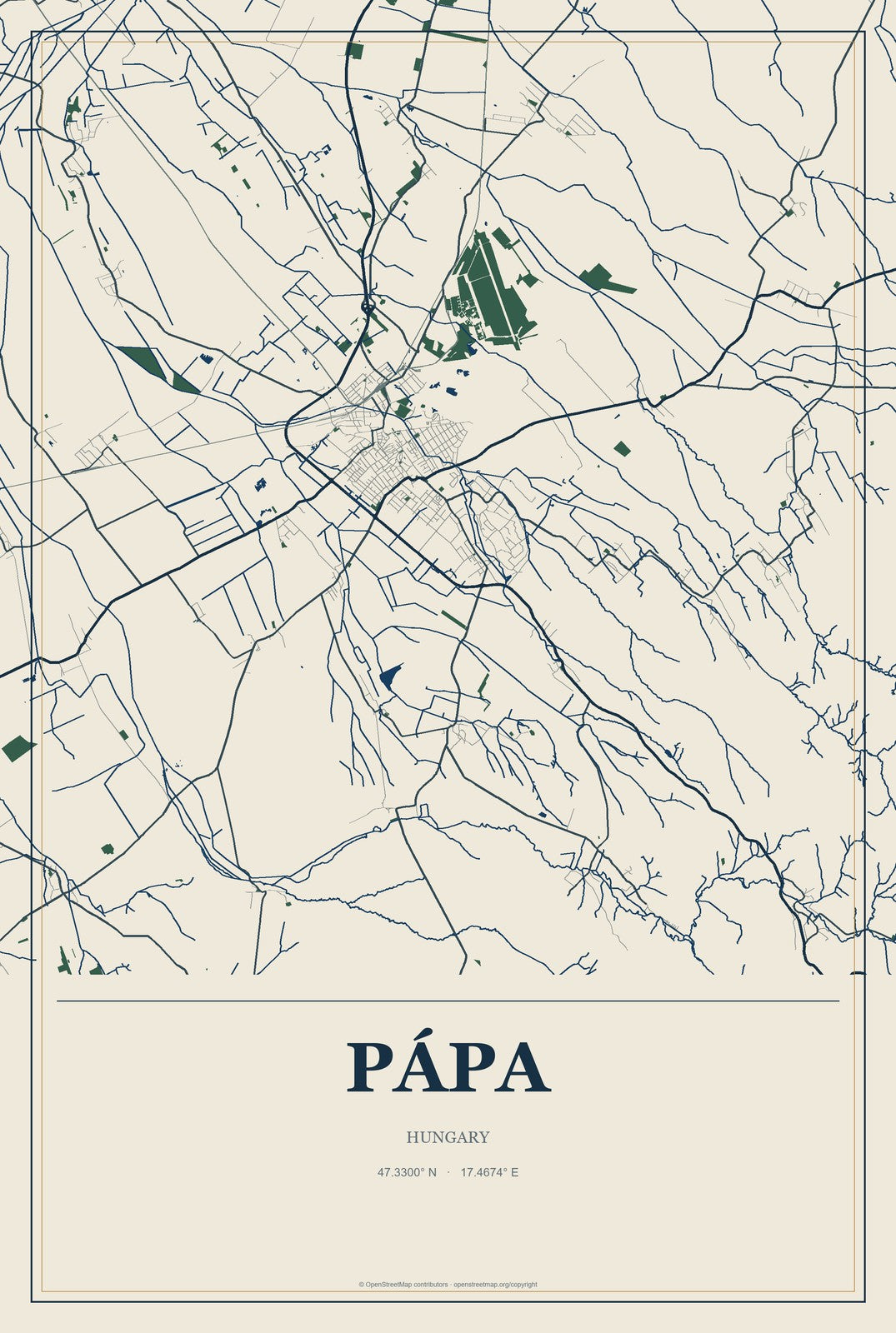 Pápa, Hungary City Map Aluminum Sign in Coastal Cutout style