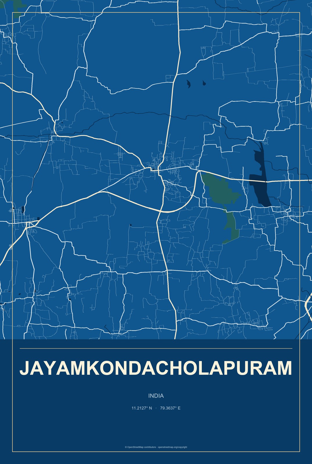 Jayamkondacholapuram, India City Map Aluminum Sign in Harbor Cobalt style