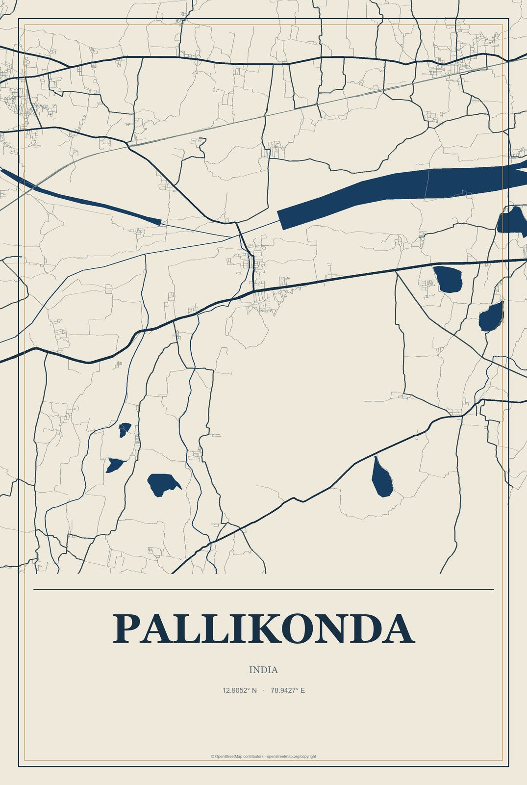 Pallikonda, India City Map Aluminum Sign in Coastal Cutout style