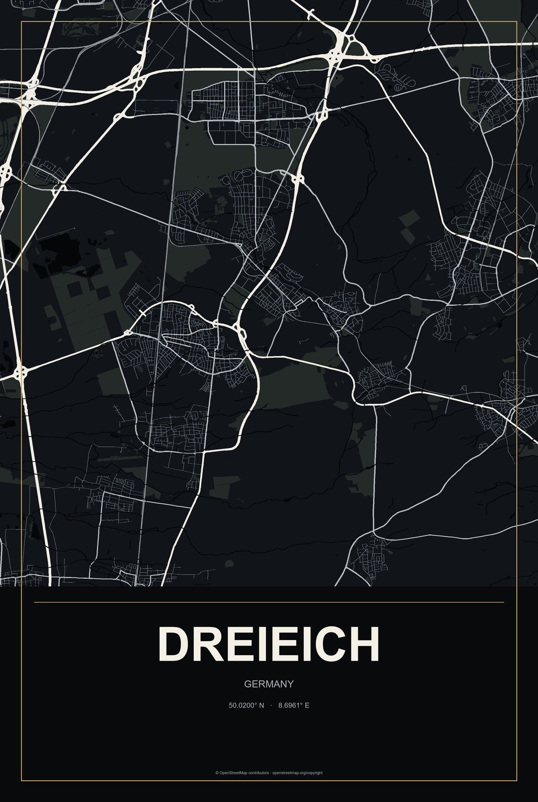 Dreieich, Germany City Map Aluminum Sign in Metropolitan Noir style