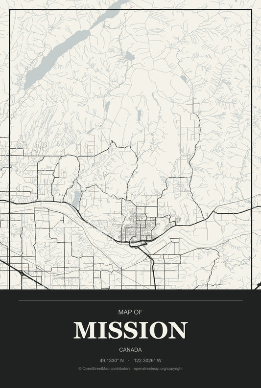 Mission, Canada City Map Aluminum Sign in Museum Plaque style