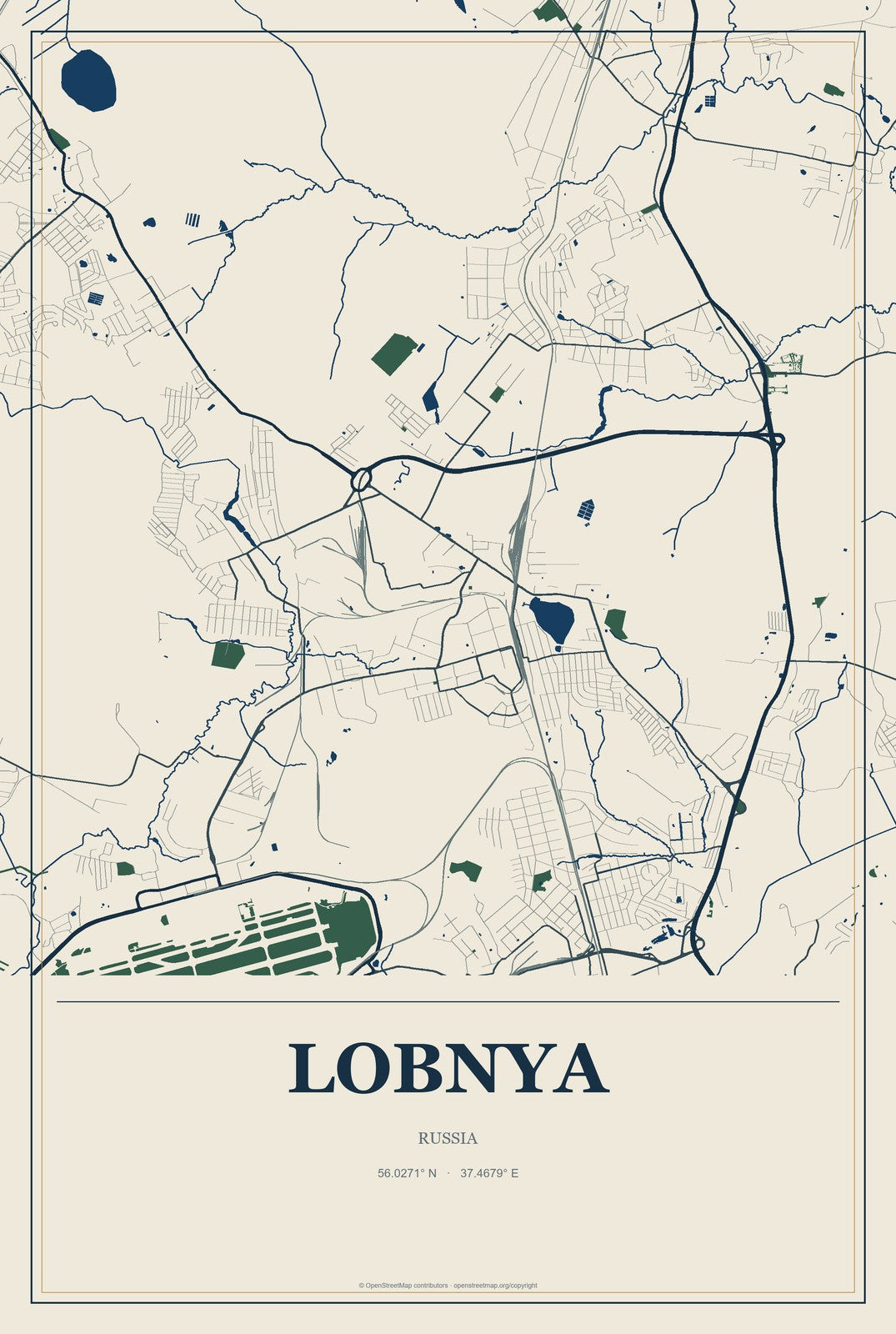 Lobnya, Russia City Map Aluminum Sign in Coastal Cutout style