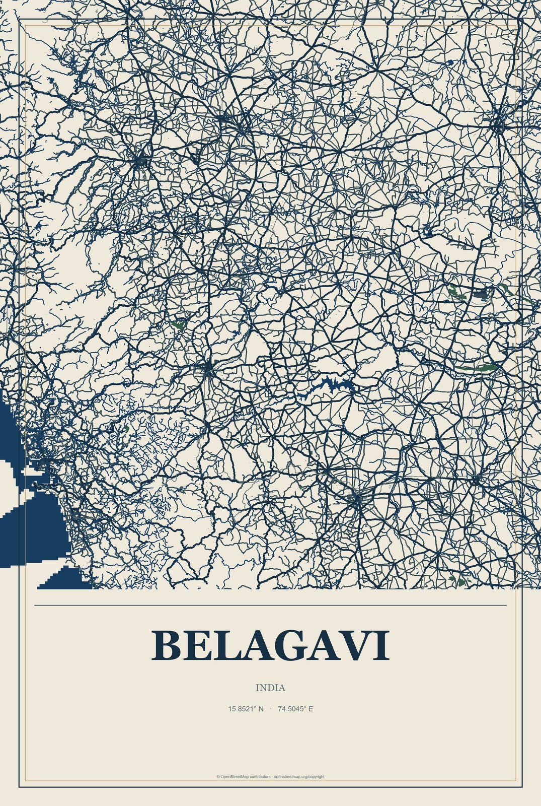 Belagavi, India City Map Aluminum Sign in Coastal Cutout style
