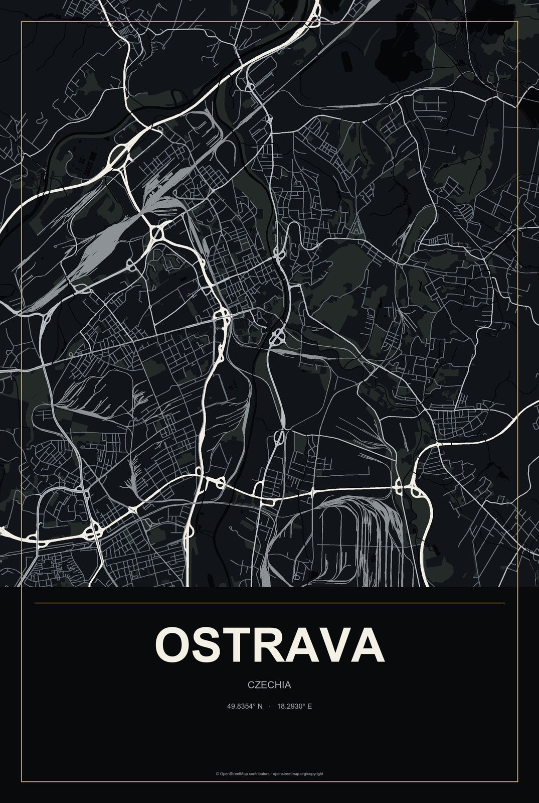 Ostrava, Czechia City Map Aluminum Sign in Metropolitan Noir style