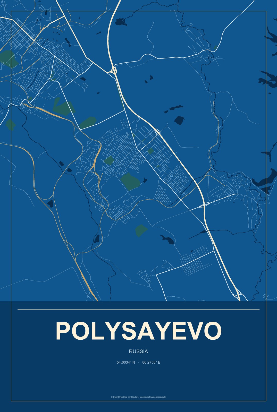 Polysayevo, Russia City Map Aluminum Sign in Harbor Cobalt style