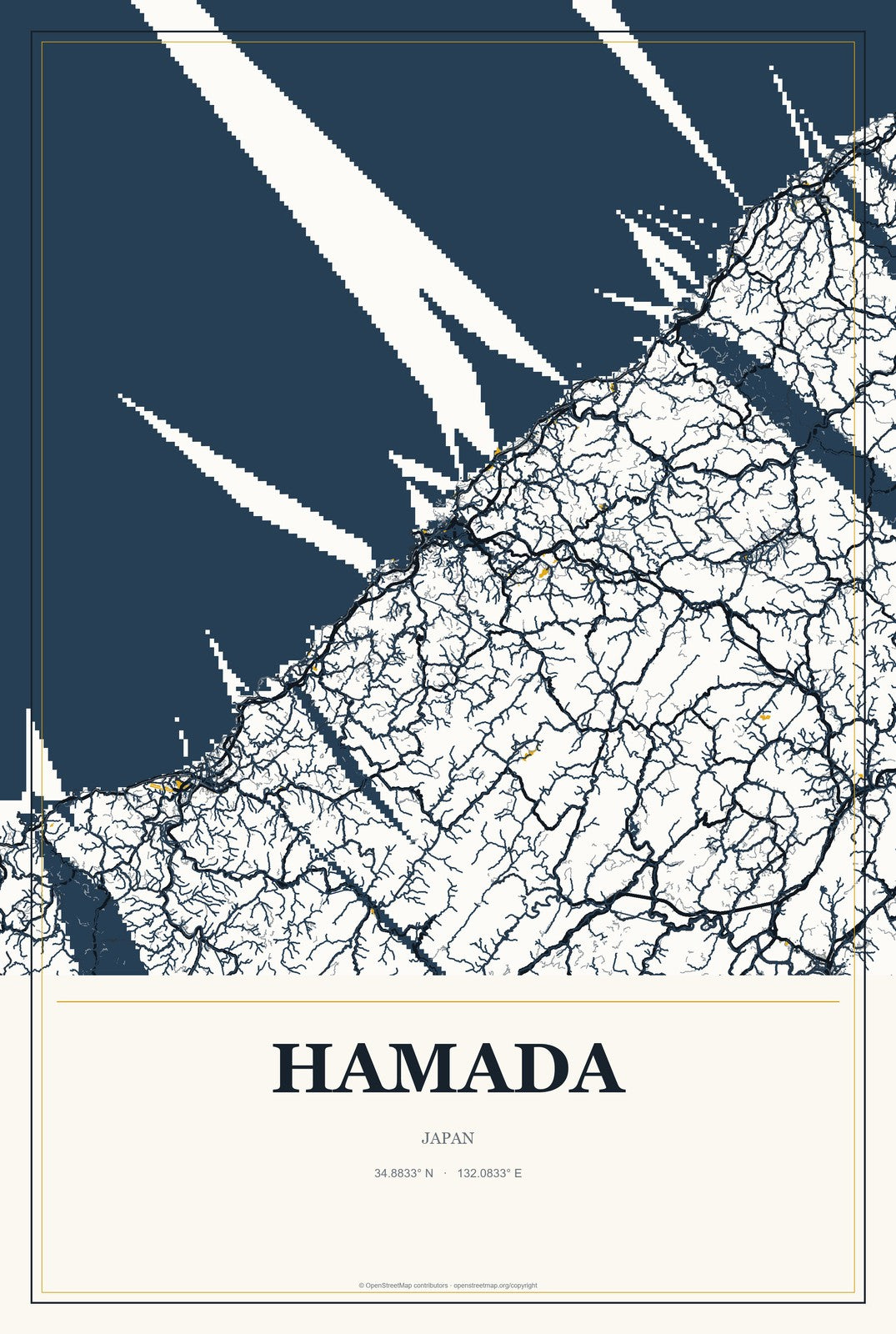 Hamada, Japan City Map Aluminum Sign in Citrine Modern style