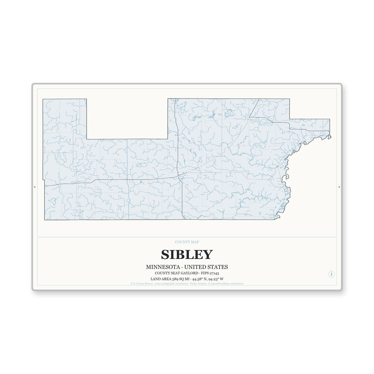 Sibley County, Minnesota Map Aluminum Sign in Gallery Air style