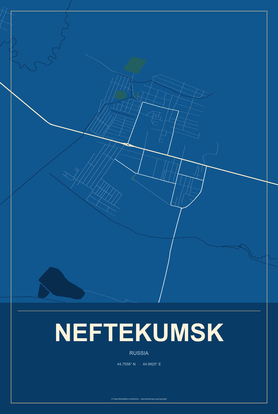 Neftekumsk, Russia City Map Aluminum Sign in Harbor Cobalt style