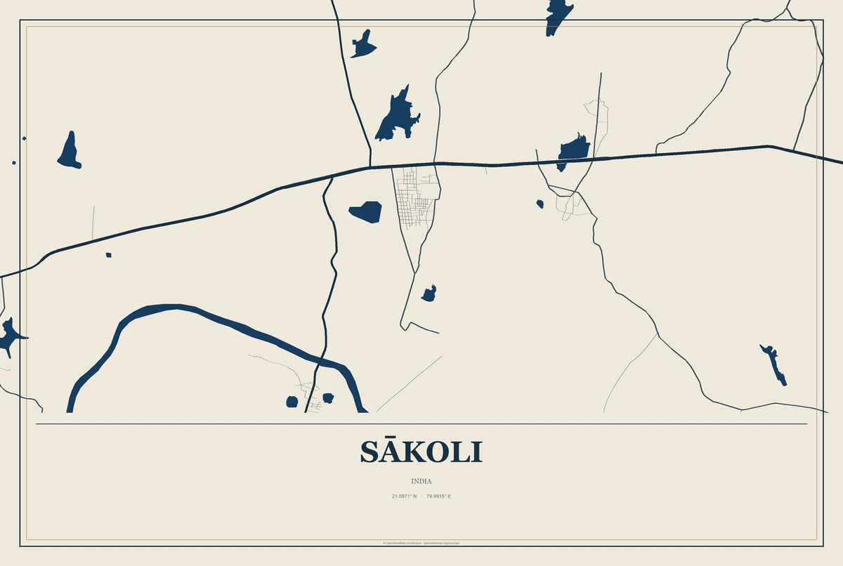 Sākoli, India City Map Aluminum Sign in Coastal Cutout style