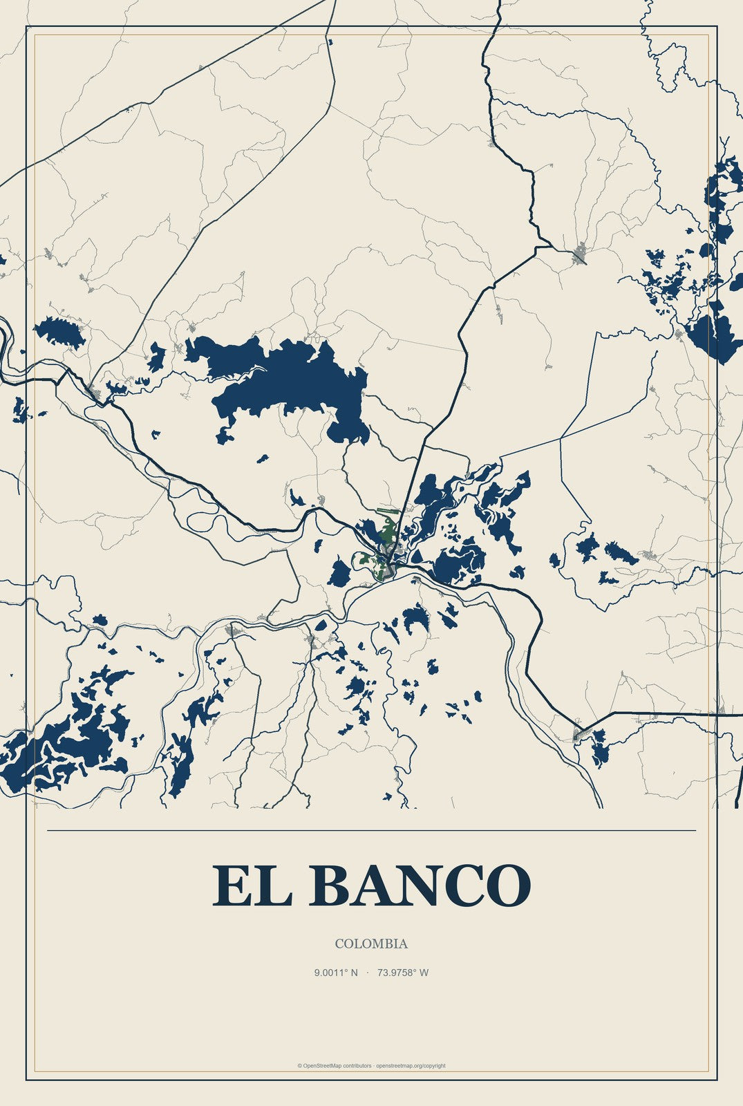 El Banco, Colombia City Map Aluminum Sign in Coastal Cutout style