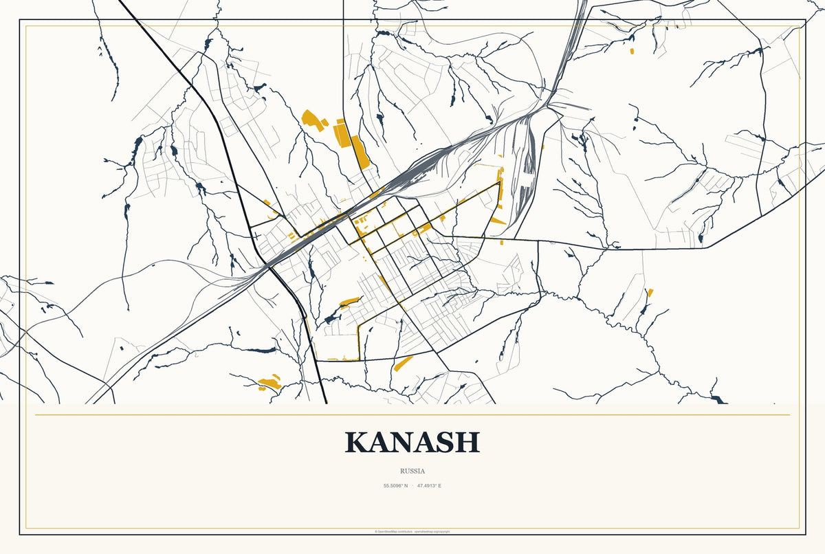 Kanash, Russia City Map Aluminum Sign in Citrine Modern style