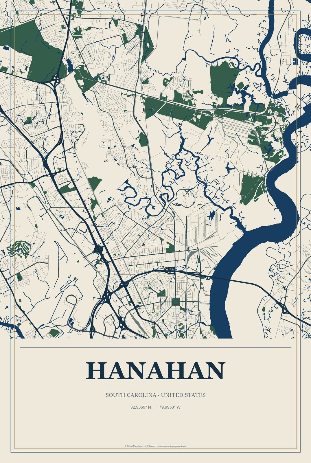 Hanahan, South Carolina City Map Aluminum Sign in Coastal Cutout style